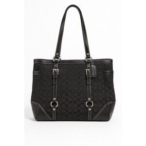 Vintage Coach Signature Gallery Tote Black Jacquard Patent Leather Purse